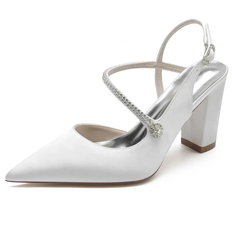 Women's Silk Satin Ankle Strap Rhinestone Closed Toe Chunky Heel Evening Shoes sold by Lavetir
