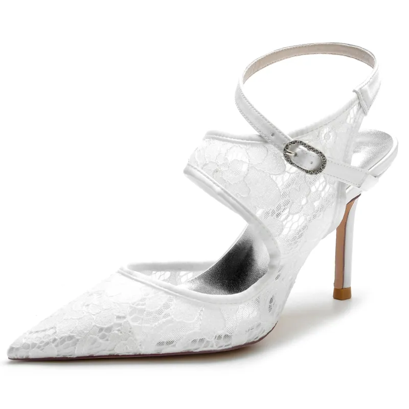 Women's Silk Satin With Ankle Strap Lace Closed Toe Stiletto Heel Party Shoes sold by Lavetir
