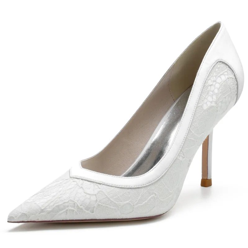 Women's Lace Closed Silk Satin With Toe Stiletto Heel Evening Shoes sold by Lavetir