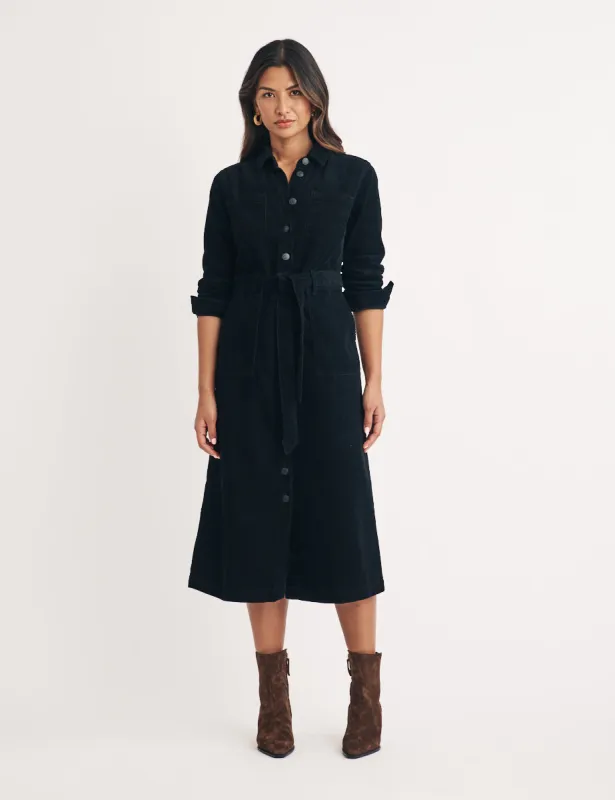 Black Cord Finchley Midi Shirt Dress sold by Nobody's Child