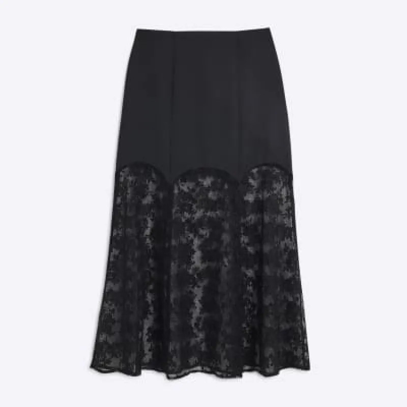 Petite Black Satin Lace Midi Skirt sold by River Island