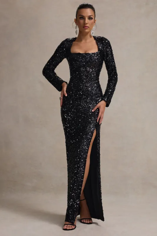 My Dream | Black Sequin Square-Neck Long-Sleeve Maxi Dress sold by Club L London