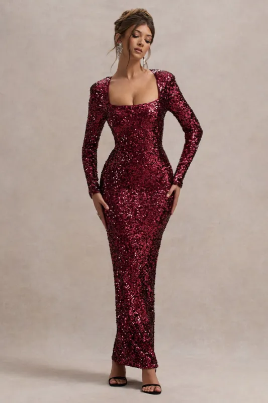 My Dream | Port Sequin Square-Neck Long-Sleeve Maxi Dress sold by Club L London