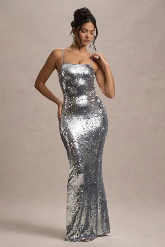 Flashback | Silver Sequin Strappy Maxi Dress sold by Club L London