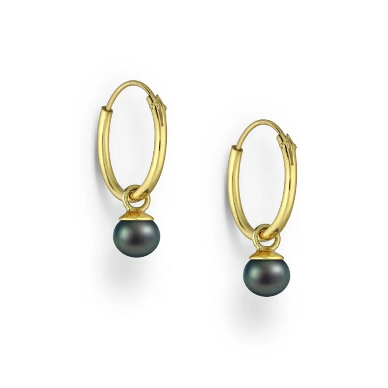 Gold Plated Sterling Silver Huggie Hoop Earrings with Black Freshwater Pearl sold by Zulily