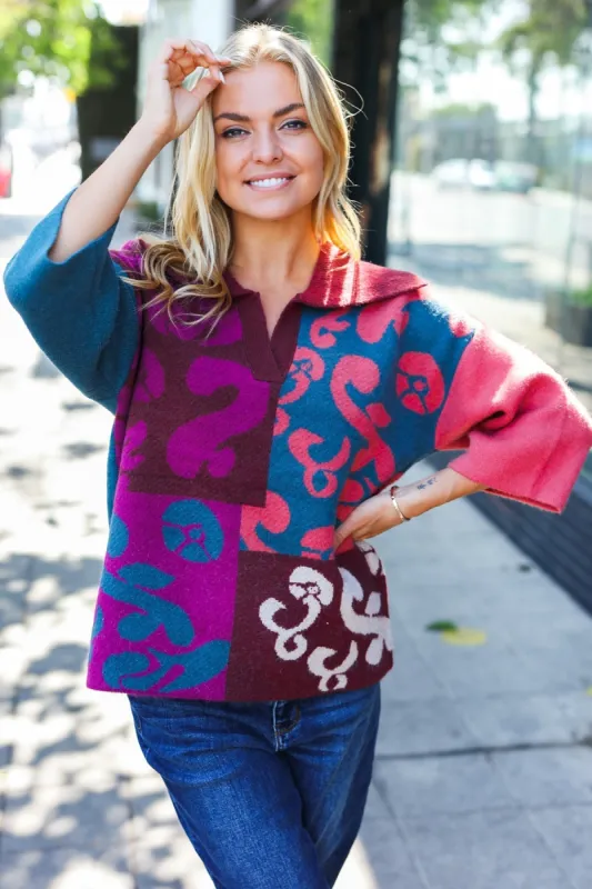 Feeling Your Best Wine Abstract Print Color Block Collar V Neck Sweater sold by Roxie’s Picks