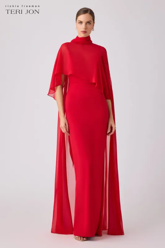 Crepe Slip Bodice Gown With Chiffon Cape Overlay sold by Teri Jon