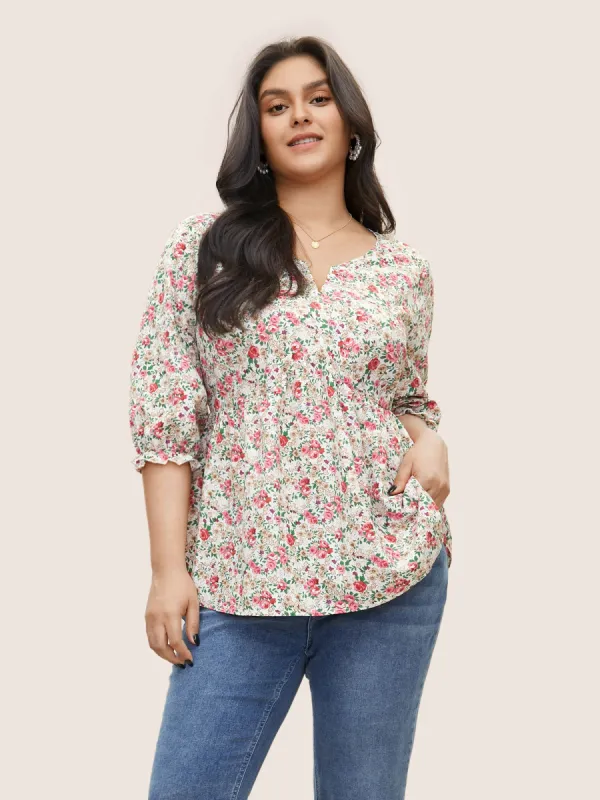 Ditsy Floral Notched Gathered Ruffles Blouse sold by Bloomchic