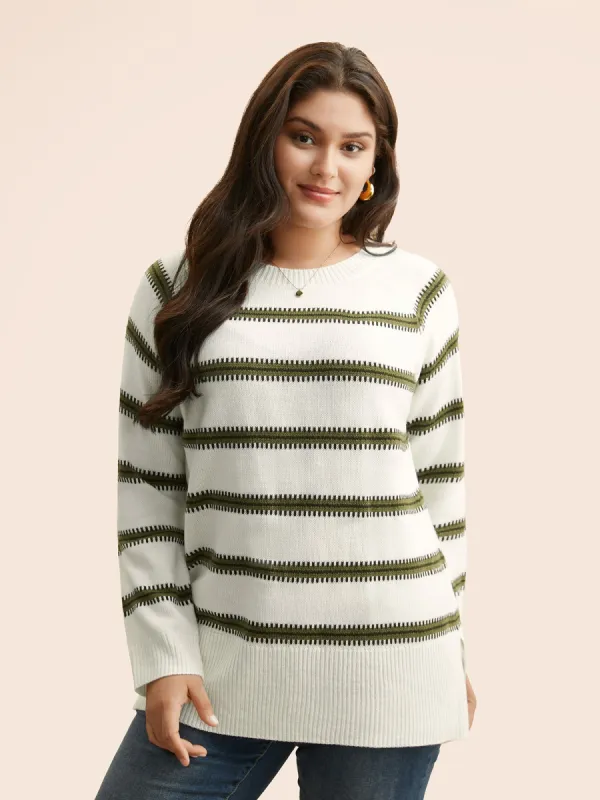 Contrast Striped Raglan Sleeve Slit Hem Pullover sold by Bloomchic