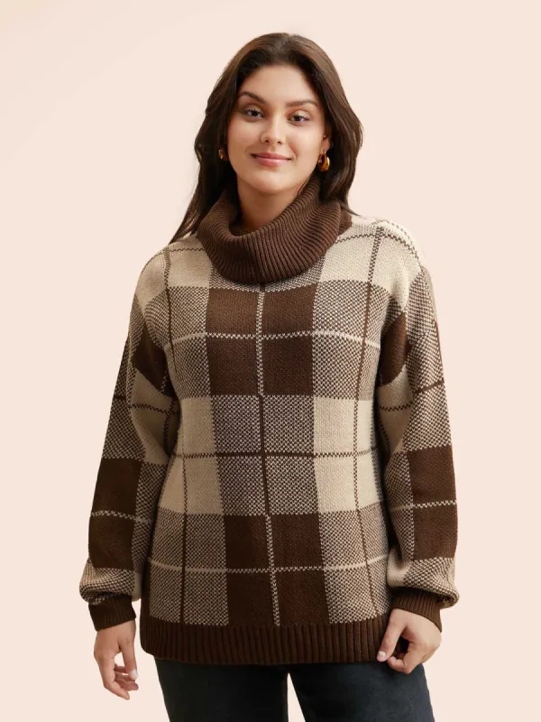 Plaid Turtleneck Drop Shoulder Pullover sold by Bloomchic