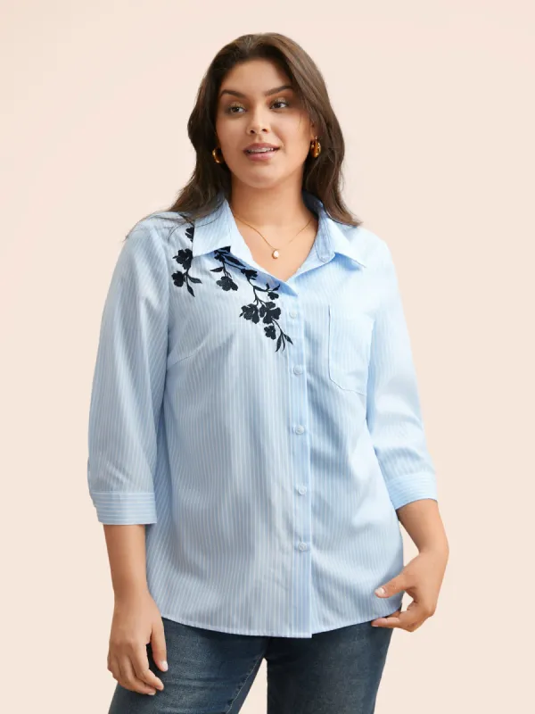 Floral Embroidered Striped Patched Pocket Blouse sold by Bloomchic