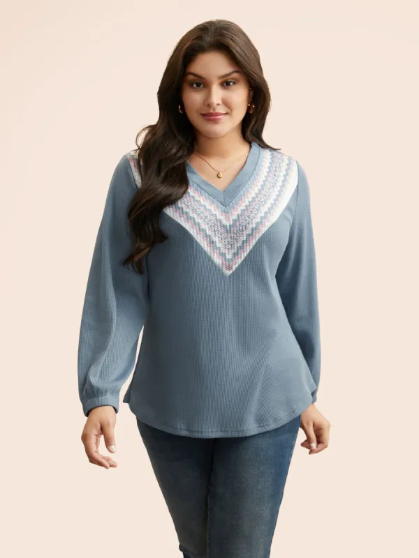 V Neck Texture Patchwork T-shirt sold by Bloomchic