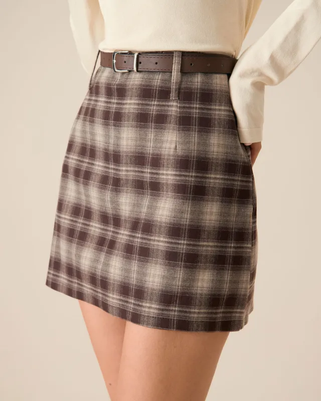 Brown Plaid Straight Mini Skirt sold by rihoas
