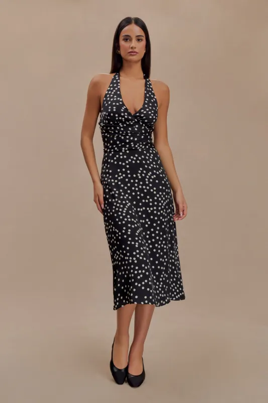 Marguerite Satin Halter Midi Dress - Black Polka Dot Print sold by Meshki