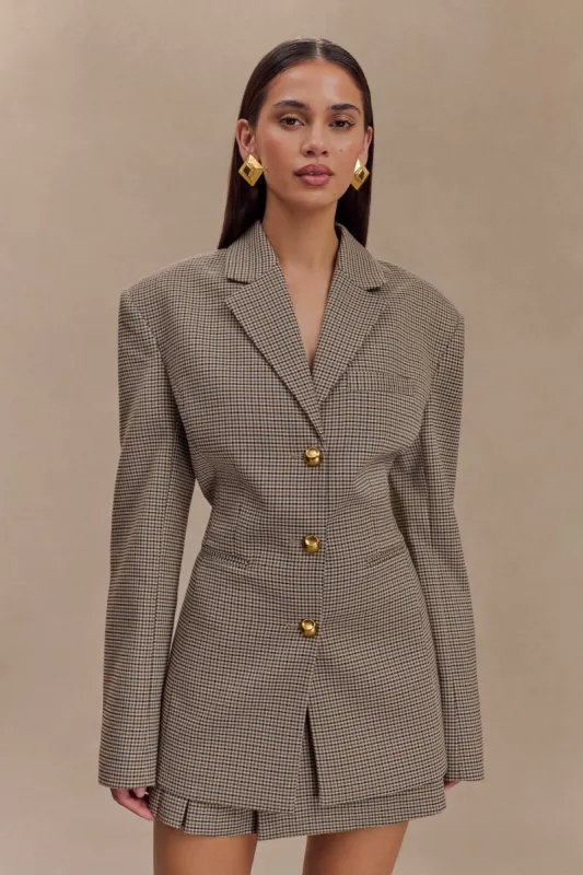 Mila Shaped Blazer - Tan Check sold by Meshki