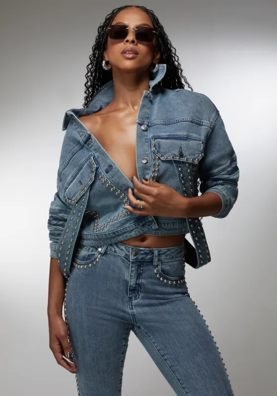 Drop Shoulder Studded Denim Jacket sold by Bebe
