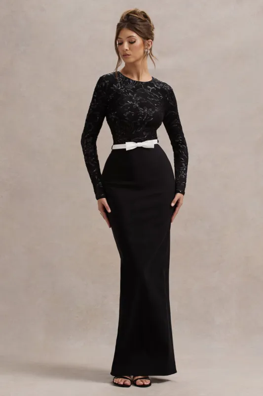 Zenith | Black Lace Long-Sleeve Maxi Dress sold by Club L London