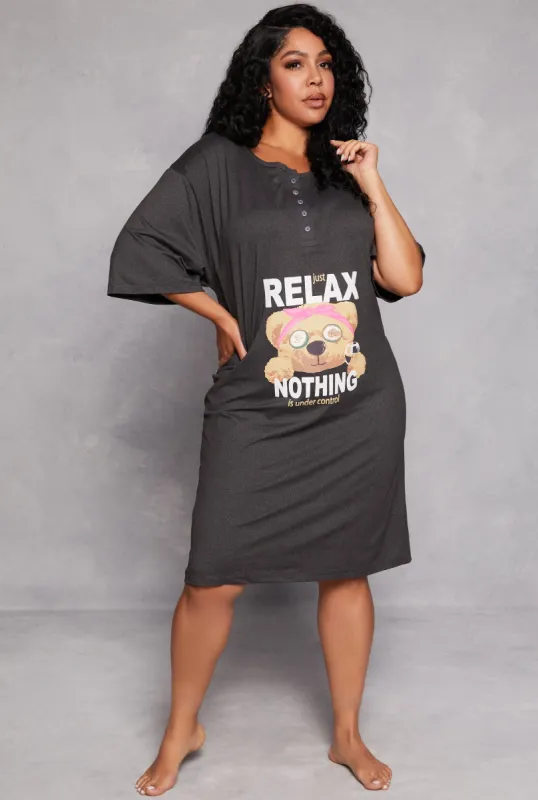 Plus Size Just Relax Nothing Is Under Control Henley Sleepshirt sold by Rainbow