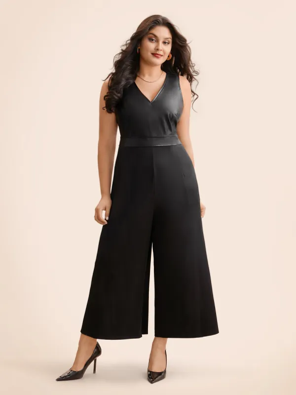 V Neck PU Leather Patchwork Romper sold by Bloomchic