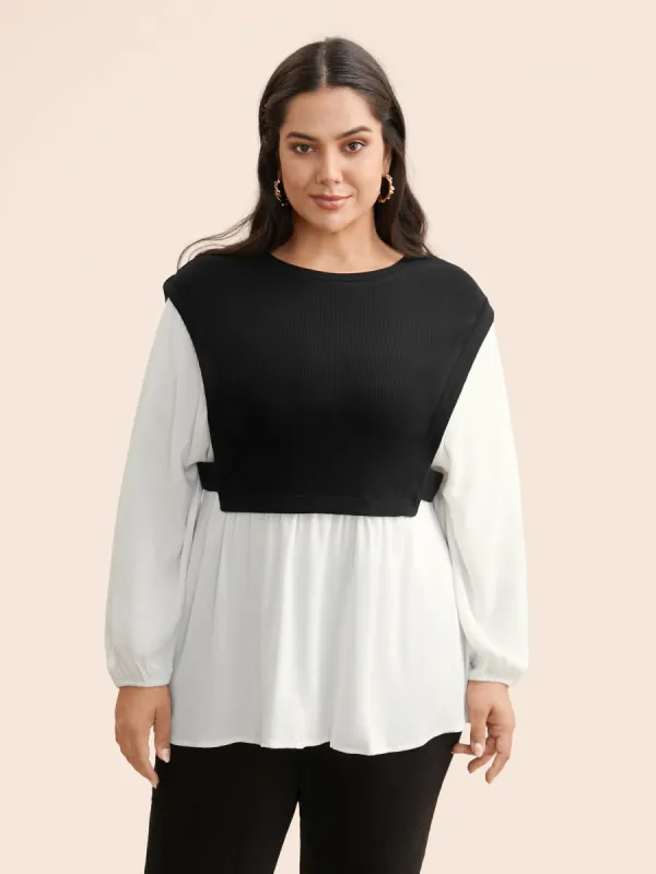 Round Neck Patchwork Contrast Gathered Blouse sold by Bloomchic