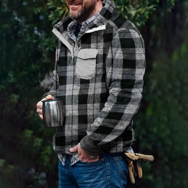 Black & Gray Plaid Winter Flannel Men's Pullover Jacket sold by Polyalien