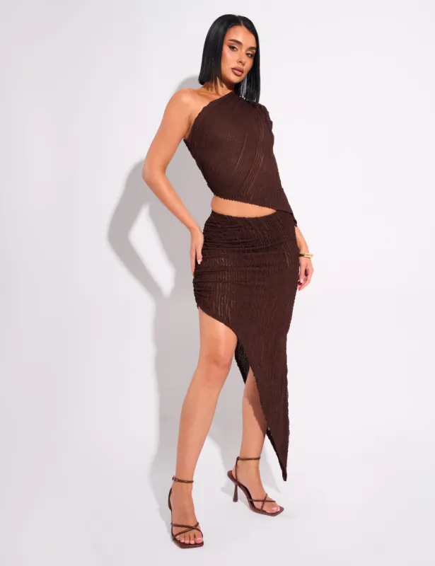 Textured Split Detail Midi Skirt Chocolate sold by Public Desire
