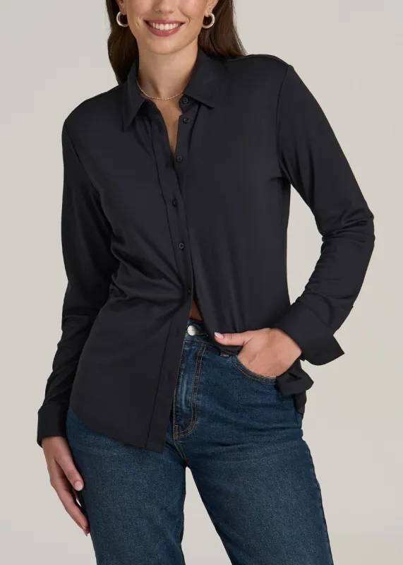 Slub Knit Button Up Women's Tall Shirt in Black sold by American Tall