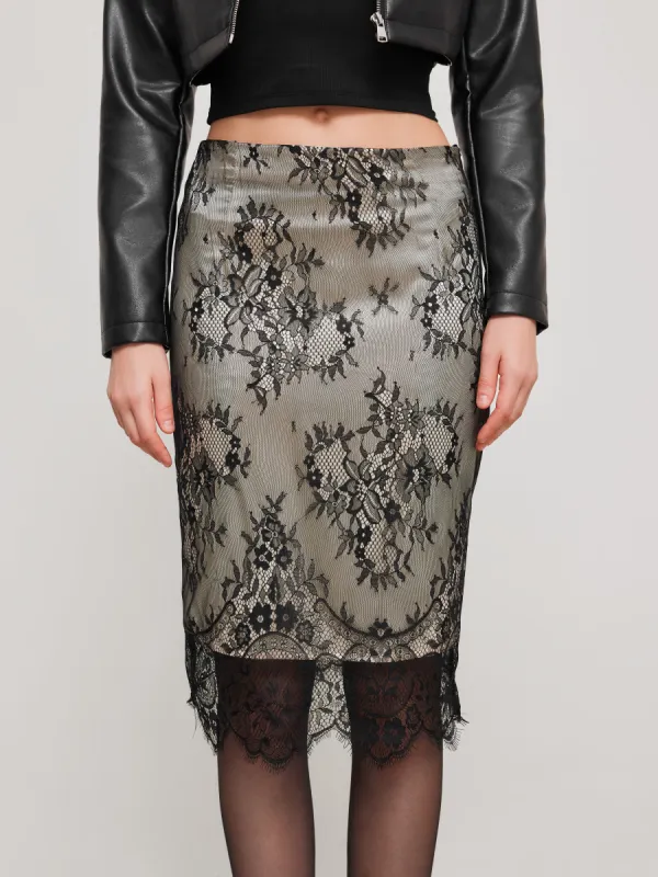Lace Mid Rise Floral Midi Skirt sold by Cider