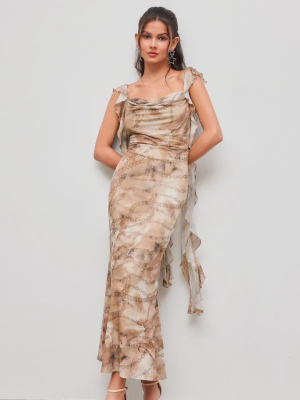 Mesh Chain Graphic Ruffle Hem Maxi Dress sold by Cider