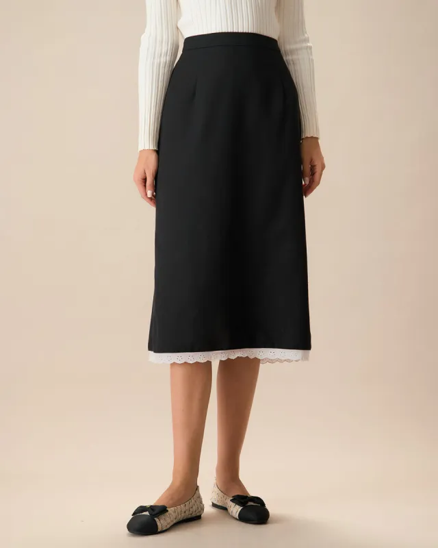 Black Contrasting Slit Midi Skirt sold by rihoas