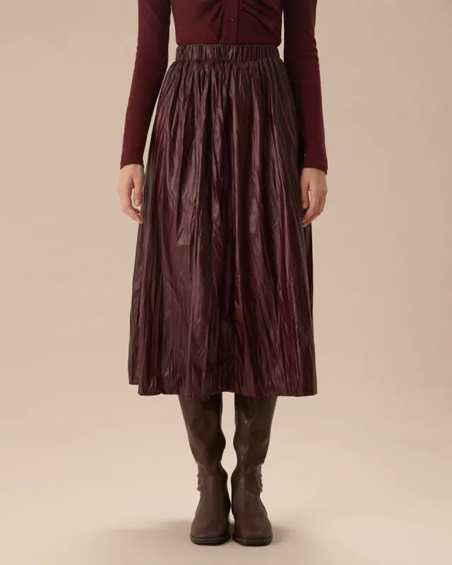 Wine Red Elastic Waist Ruched Midi Skirt sold by rihoas