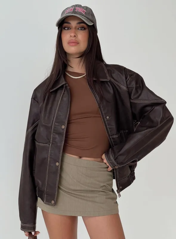 Jaxton Faux Leather Jacket Brown sold by Princess Polly