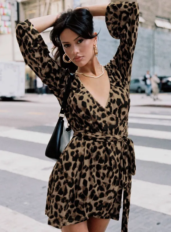 Raquela Wrap Mini Dress Leopard sold by Princess Polly