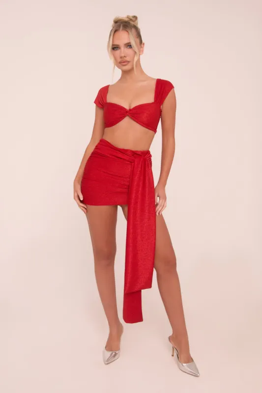 Red Lurex Crop Top & Tie Detail Mini Skirt Co-ord Set - Veronica sold by Rebellious Fashion