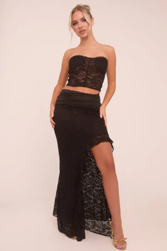 Black Lace Bandeau Crop Top & Frill Detail Skirt Co-ord Set - Thelma sold by Rebellious Fashion