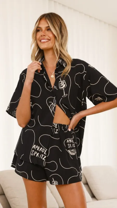 Charli Button Up Shirt and Shorts Set - Black / Beige Aperol sold by Billy J
