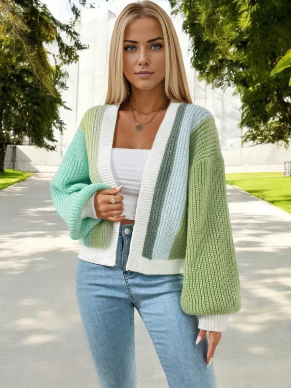 Colorblock Open Front Cardigan with Balloon Sleeves sold by Anna-Kaci