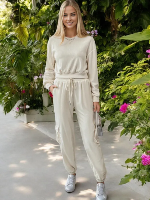 Two-Piece Lounge Set with Drawstring Waist and Cargo Joggers sold by Anna-Kaci
