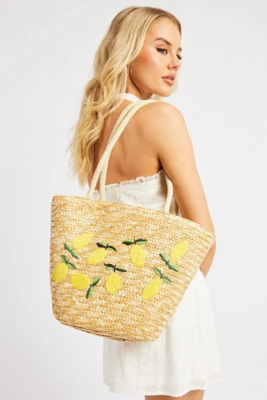 Beige Lemon Straw Tote Bag sold by Ally Fashion