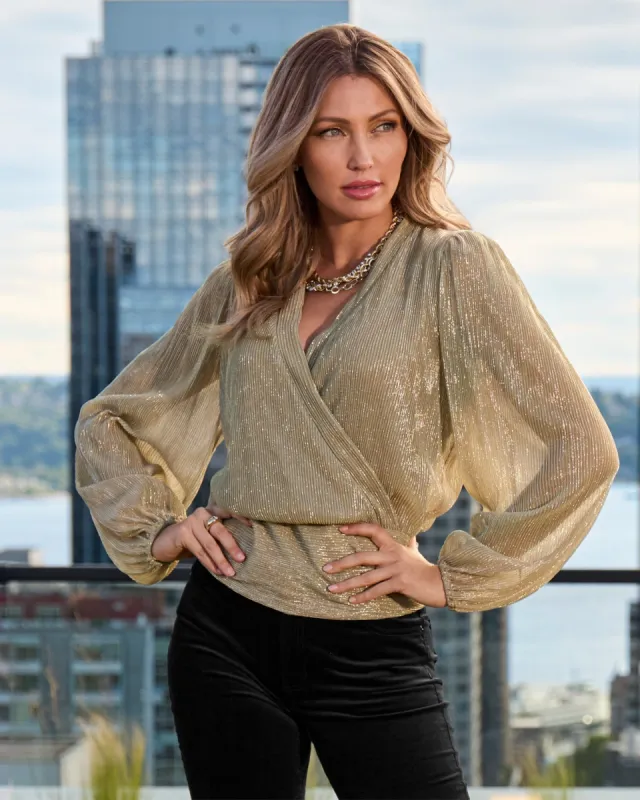 Shimmer Surplice Blouson Top Gold sold by Boston Proper