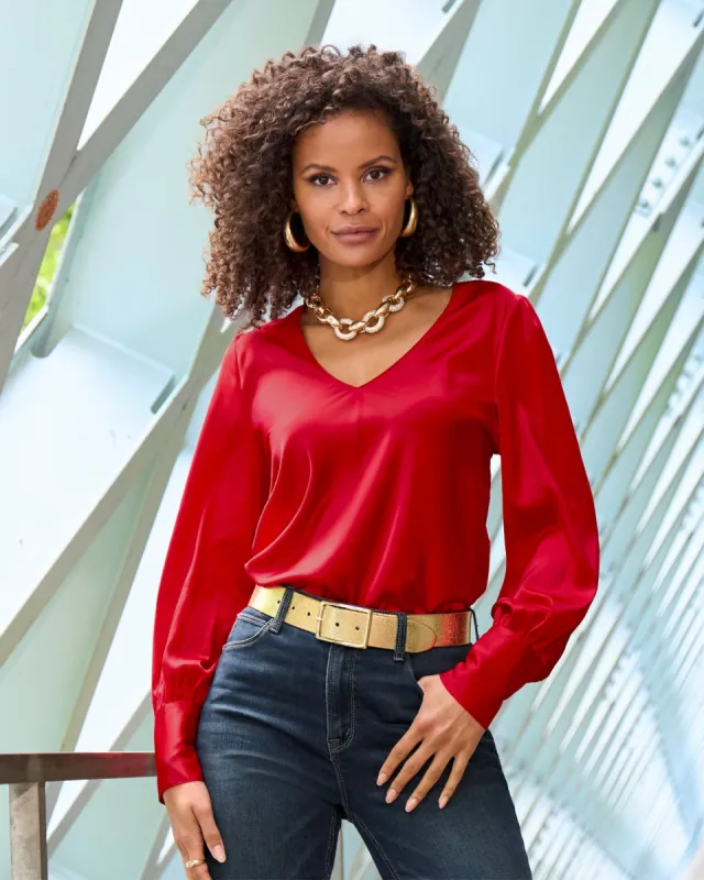 Audrey V Neck Long Sleeve Charmeuse Blouse Tomato Red sold by Boston Proper