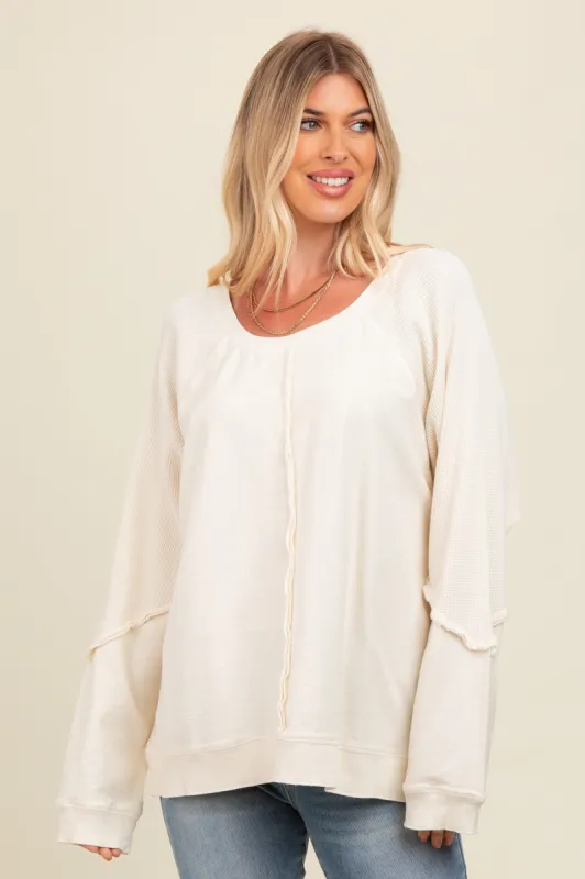 Cream Mixed Knit Raw Hem Pullover Top sold by Pinkblush