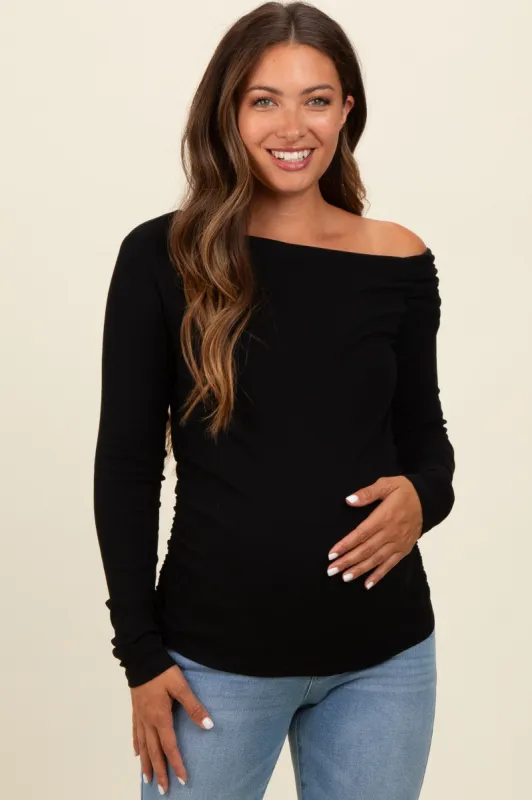 Black One Shoulder Long Sleeve Maternity Top sold by Pinkblush