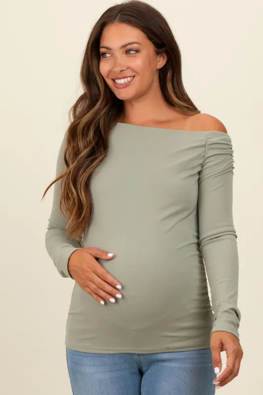 Light Olive One Shoulder Long Sleeve Maternity Top sold by Pinkblush