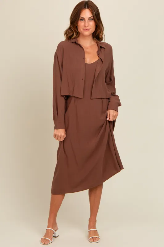 Mocha Linen Cropped Shirt Midi Dress Set sold by Pinkblush