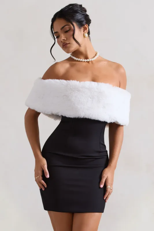 Little Luxe | Black Bardot Mini Dress With White Fur Trim sold by Club L London