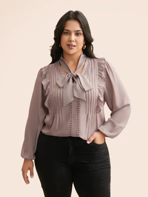 Ribbon Tied Collar Ruffles Lantern Sleeve Blouse sold by Bloomchic