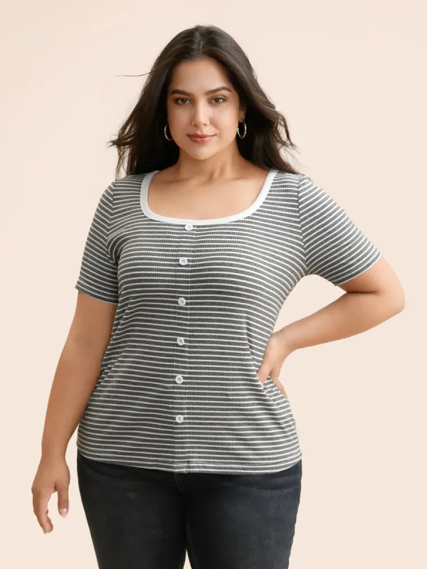 U Neck Striped Button Detail T-shirt sold by Bloomchic
