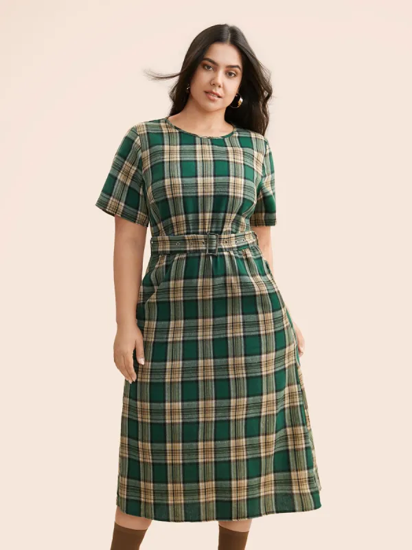 Round Neck Plaid Belted Midi Dress sold by Bloomchic