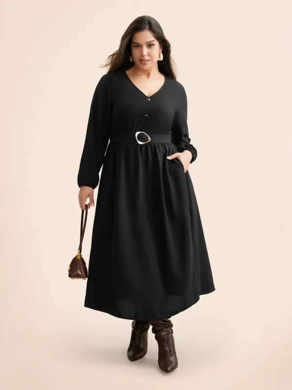 V Neck Button Detail Belted Dress sold by Bloomchic